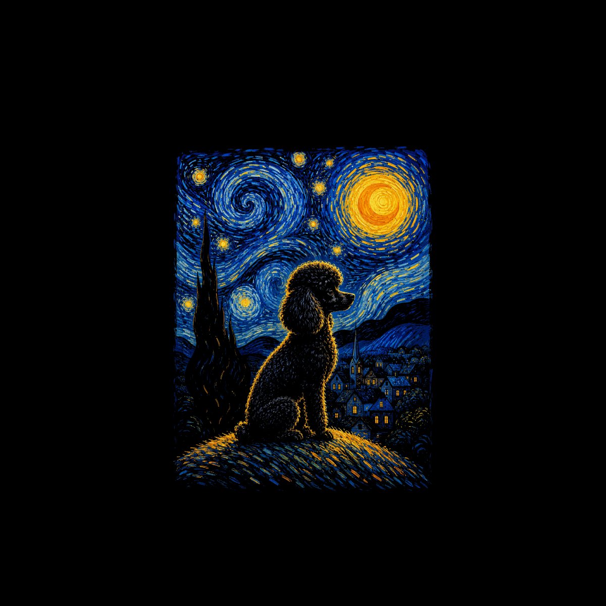 Black poodle sits on a hill under a starry, Van Gogh-style night sky.