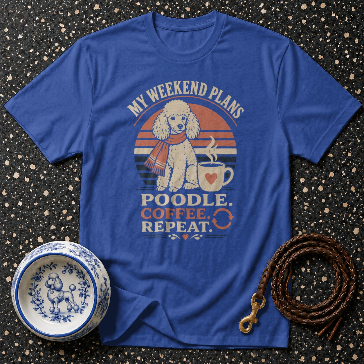 Blue t-shirt with poodle, coffee, and "My Weekend Plans Poodle. Coffee. Repeat." text.