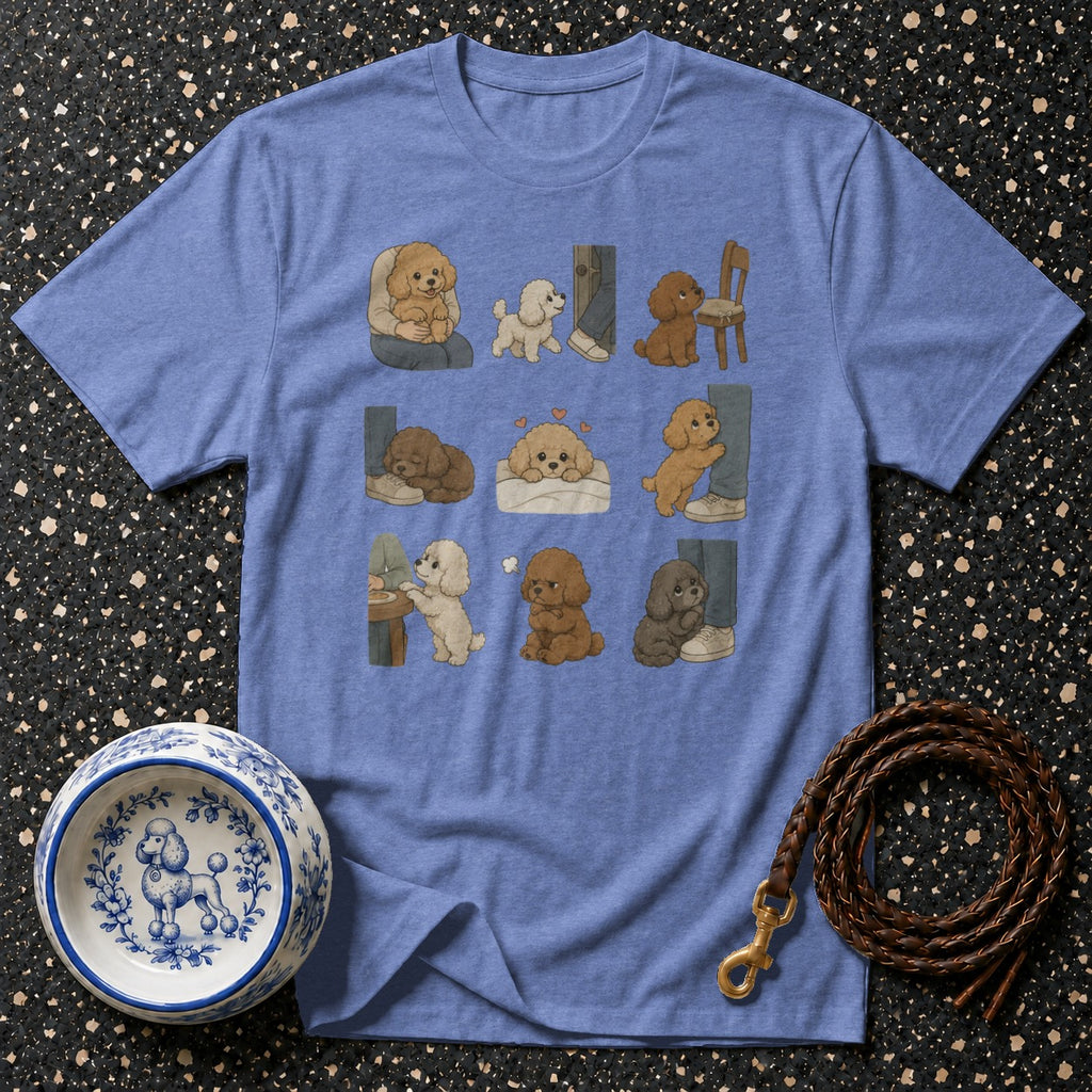 A t-shirt with a grid of nine illustrations of various poodle puppy interactions.