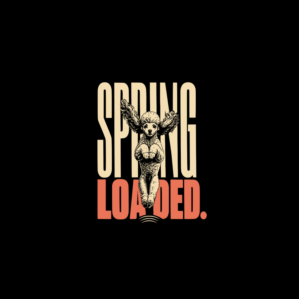 "SPRING LOADED." text with a poodle with wings in the center.