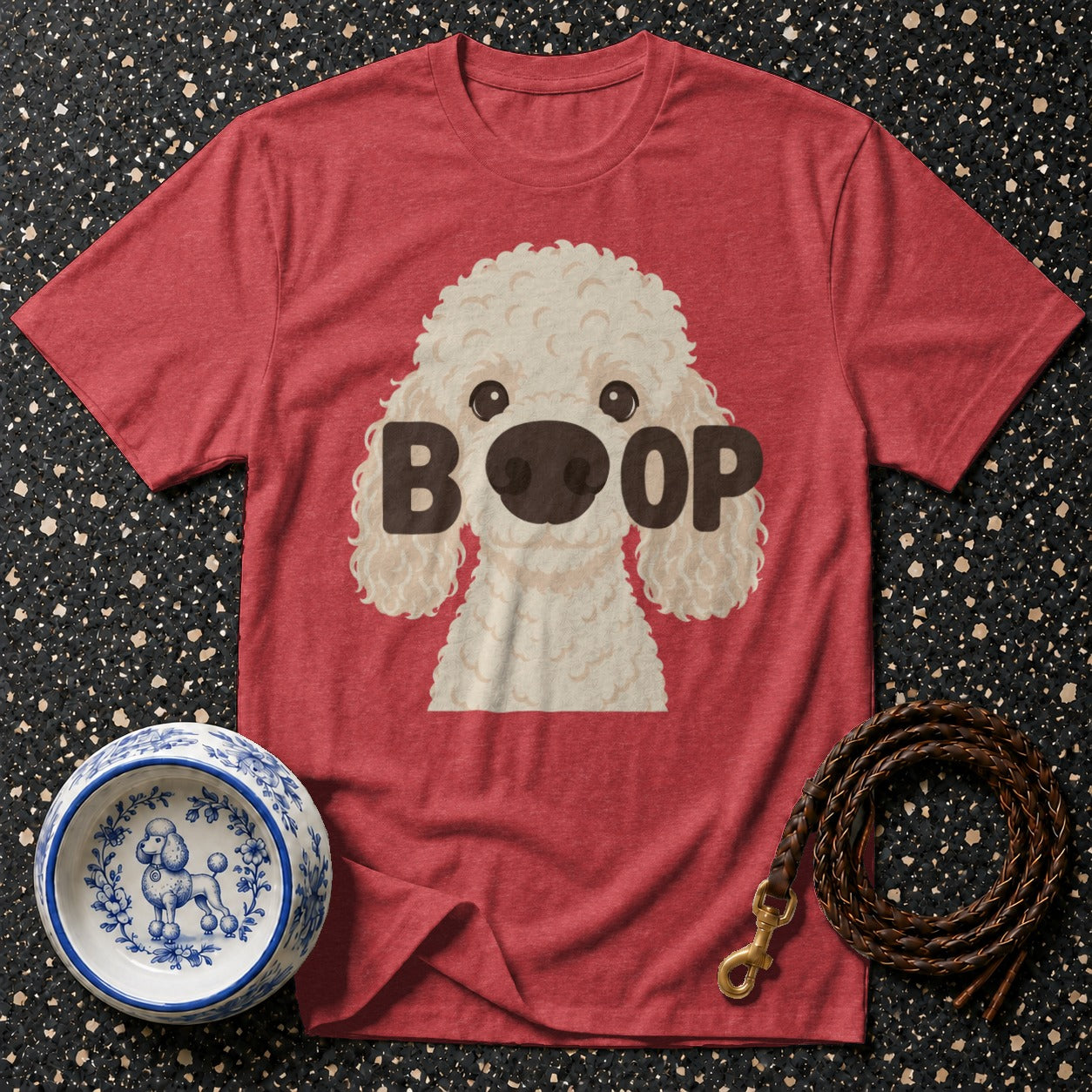 Red t-shirt with a cartoon poodle and the word "BOOP".