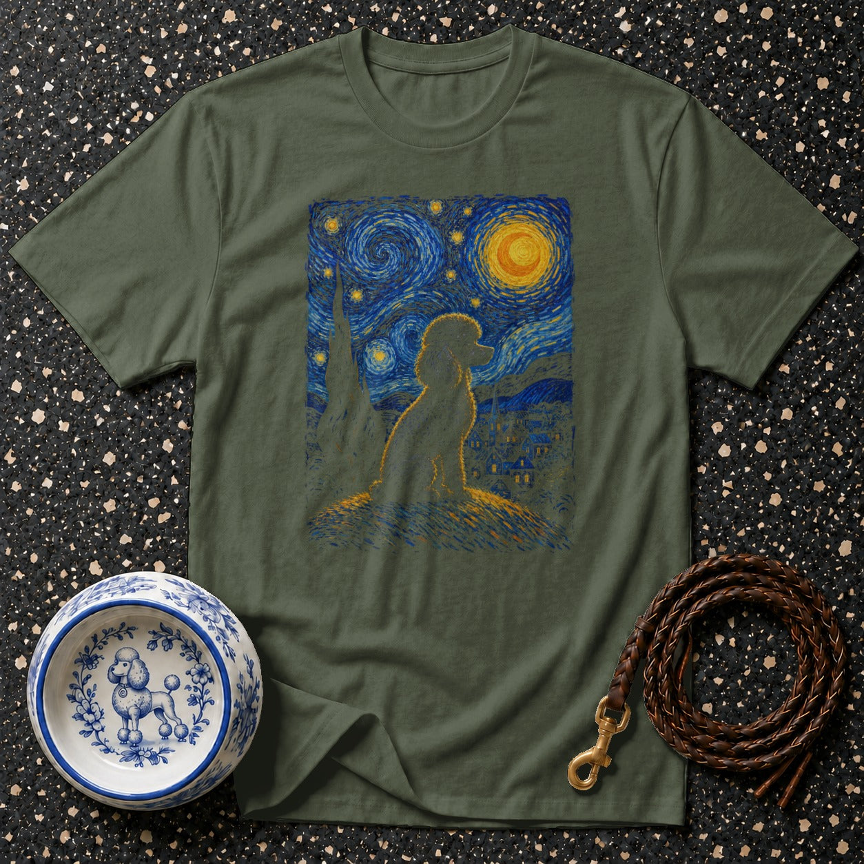 Olive green t-shirt with poodle in Van Gogh-style starry night scene.