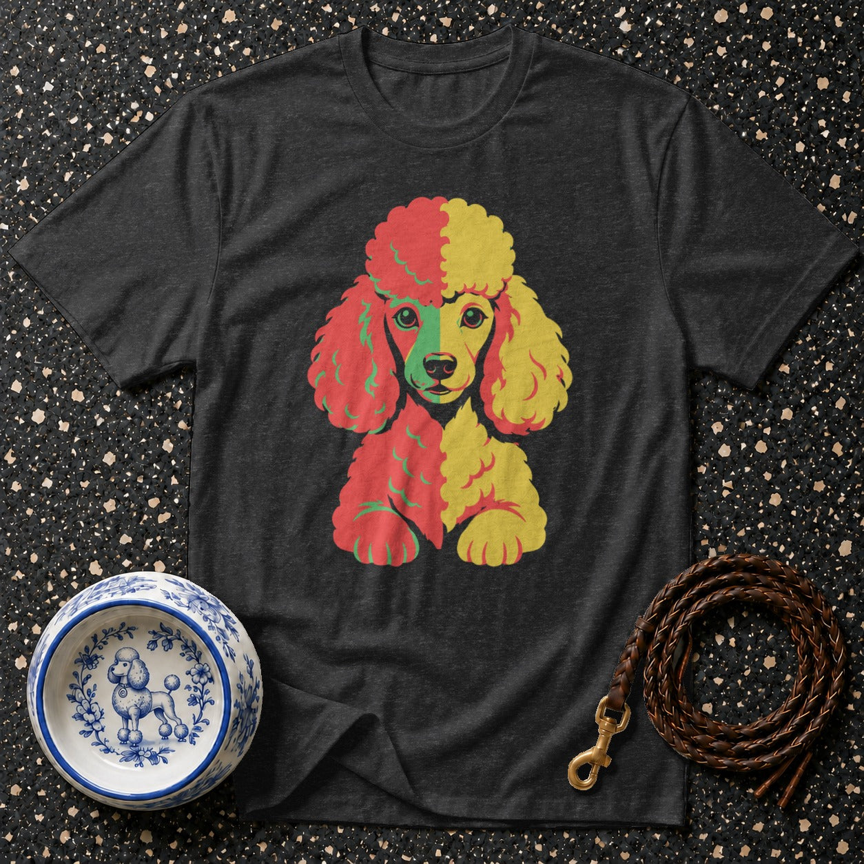 Dark gray t-shirt with a colorful poodle graphic, dog bowl, and leash.