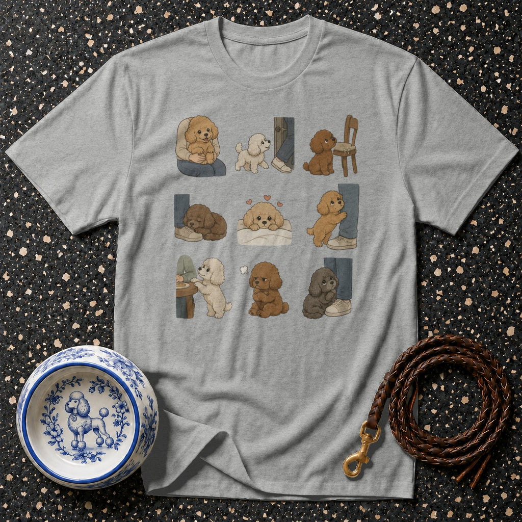 Gray t-shirt with nine illustrated poodles in various poses and a white dog bowl.