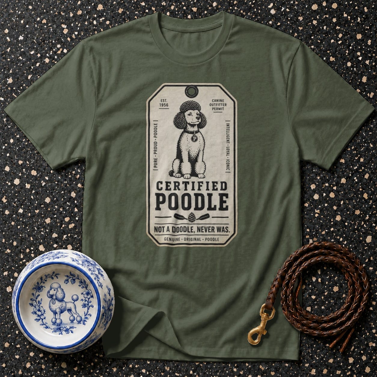 Olive green t-shirt with "Certified Poodle" graphic and vintage poodle illustration.
