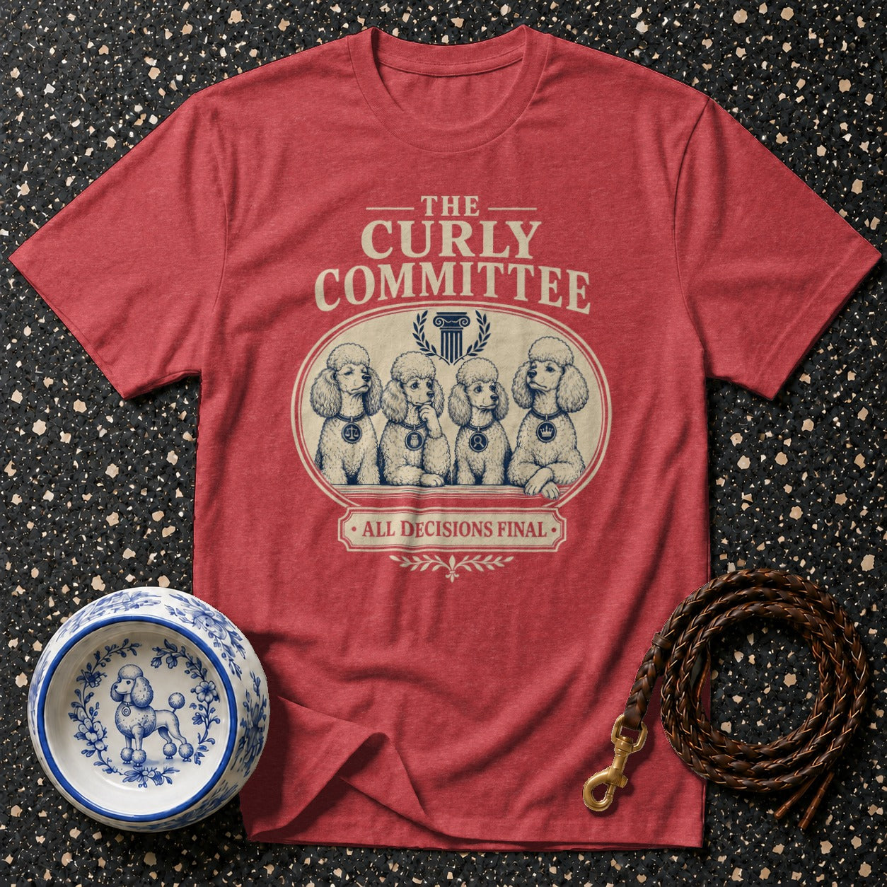 Red t-shirt with "The Curly Committee" text and four poodles.