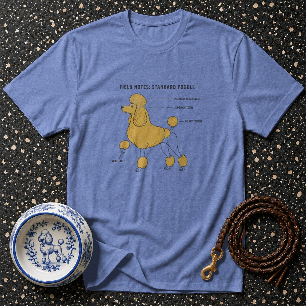 Blue t-shirt with diagram of a standard poodle labeled "field notes" and other descriptors.
