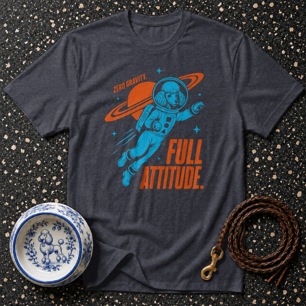 T-shirt with poodle astronaut graphic reading "Zero Gravity. Full Attitude."