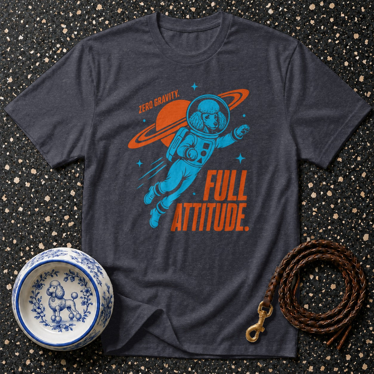 T-shirt with poodle astronaut graphic reading "Zero Gravity. Full Attitude."