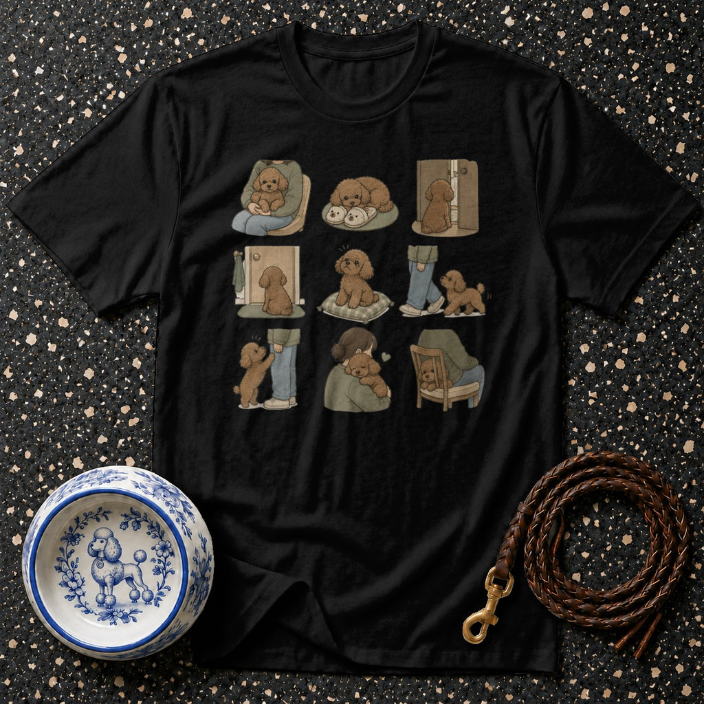 Black t-shirt with nine illustrations of a poodle's daily life.
