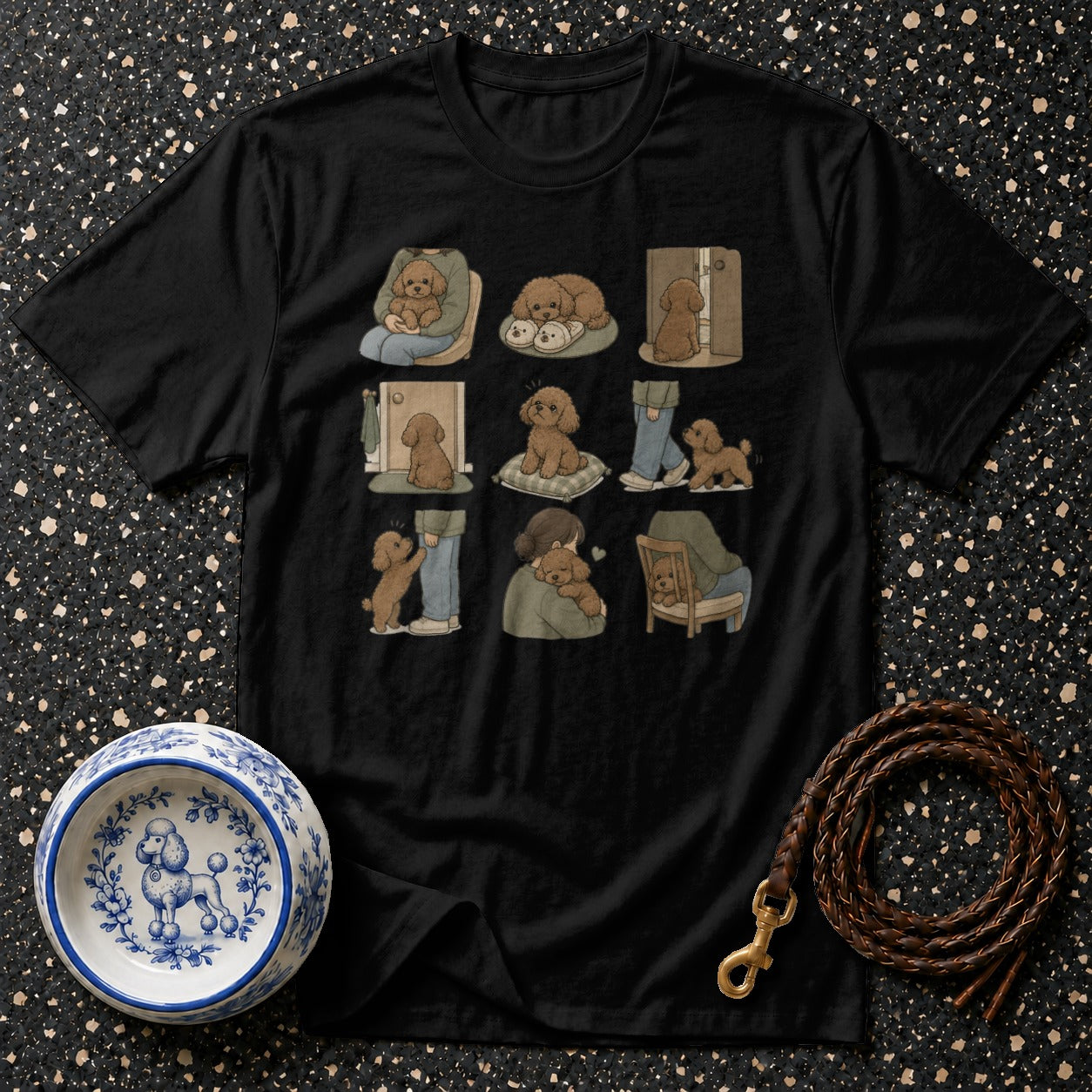 Black t-shirt with nine illustrations of a poodle's daily life.