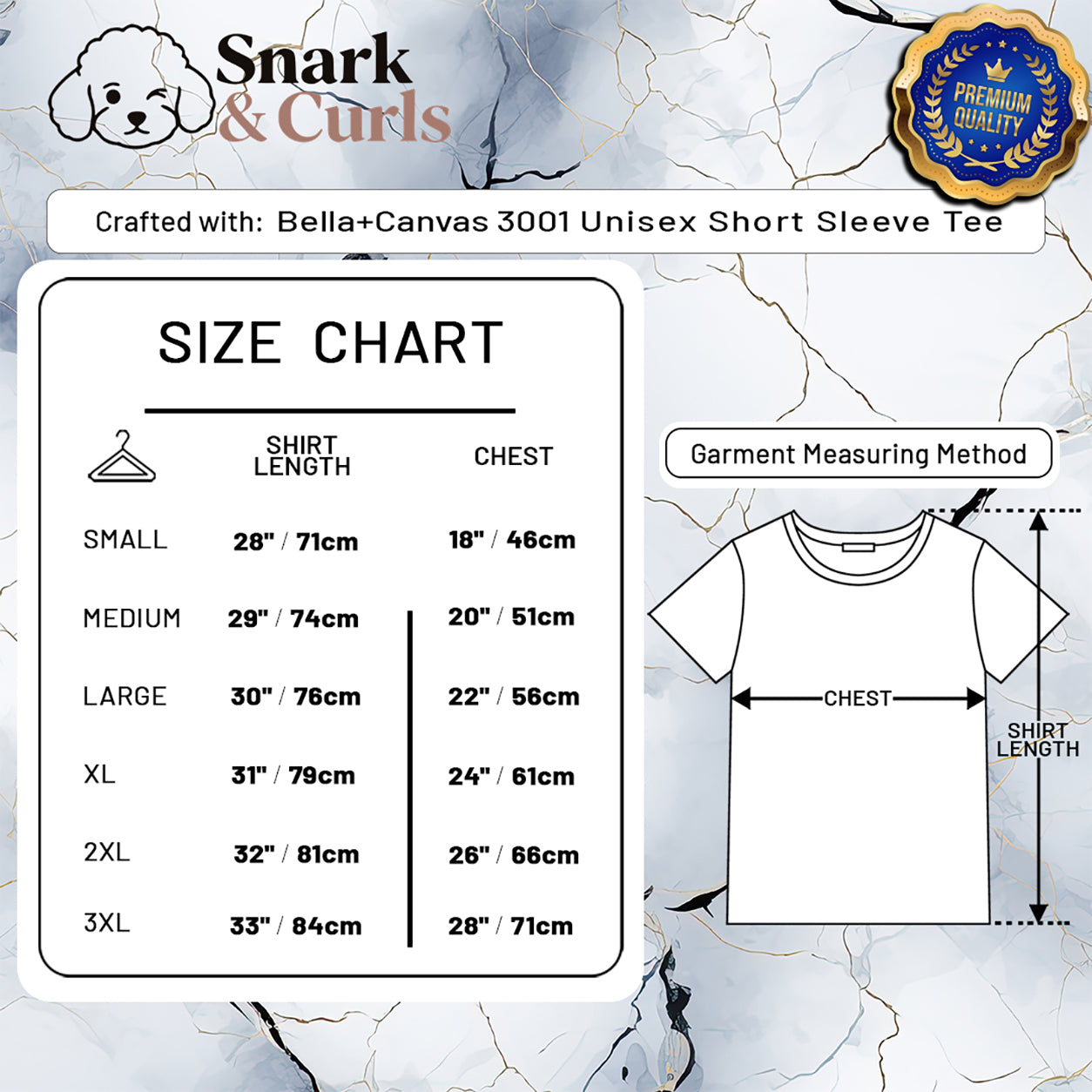 Size chart for Bella+Canvas 3001 Unisex Short Sleeve Tee with measurements.