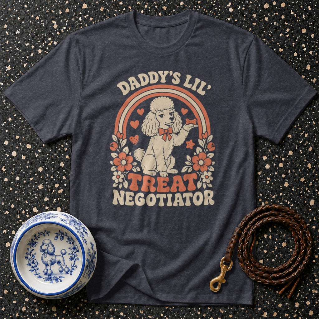 Dark t-shirt with poodle graphic and text "Daddy's Lil' Treat Negotiator".