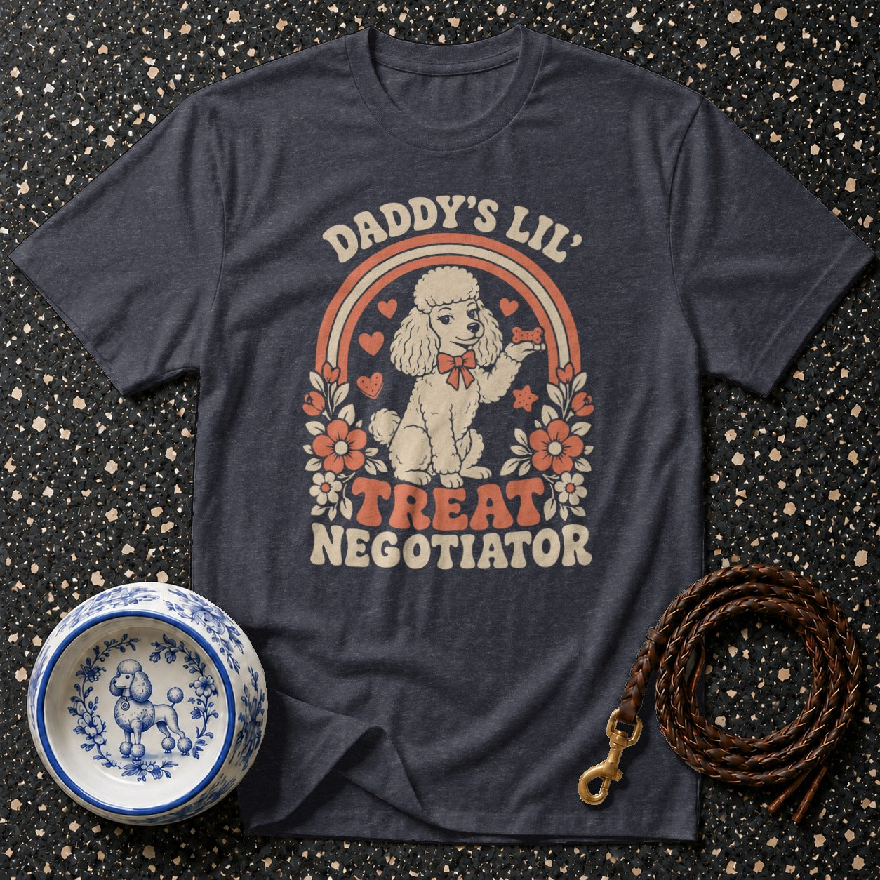 Dark t-shirt with poodle graphic and text "Daddy's Lil' Treat Negotiator".