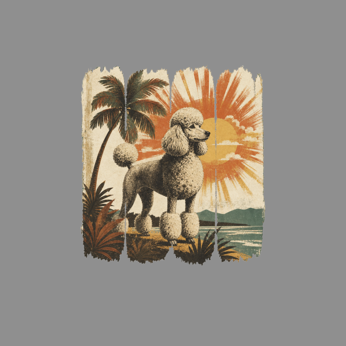 Poodle standing on a tropical beach with a palm tree and sunset.