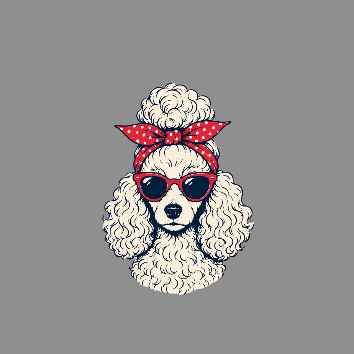 Illustration of a cream poodle wearing red sunglasses and a red polka dot bandana.