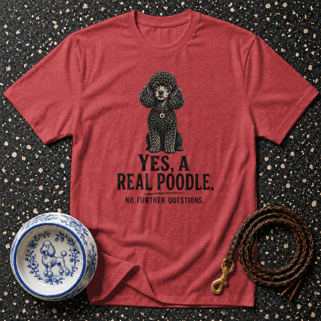 Red t-shirt with black poodle graphic and text, dog bowl, and leash.