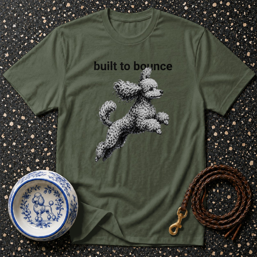 Green t-shirt with "built to bounce" and jumping poodle graphic.
