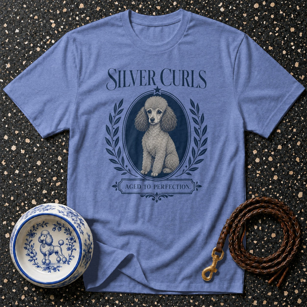 Periwinkle t-shirt with graphic of poodle, "Silver Curls" and "Aged to Perfection".