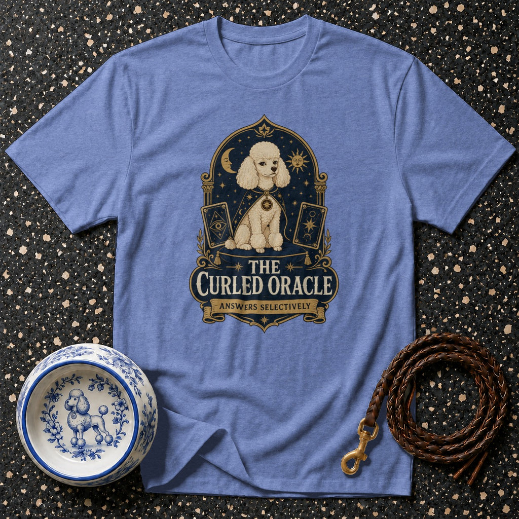 T-shirt with "The Curled Oracle Answers Selectively" and a poodle graphic.