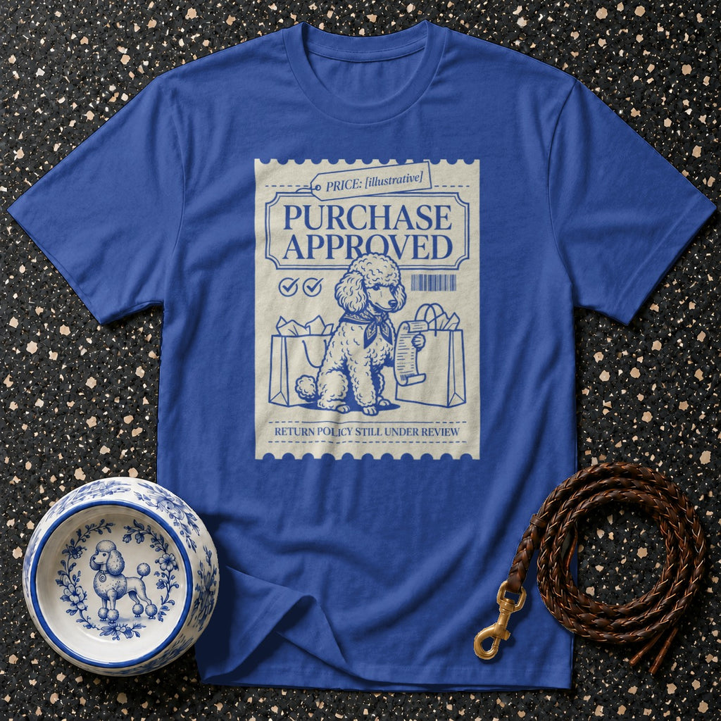 Blue t-shirt with "PURCHASE APPROVED" stamp featuring a poodle and shopping bags.