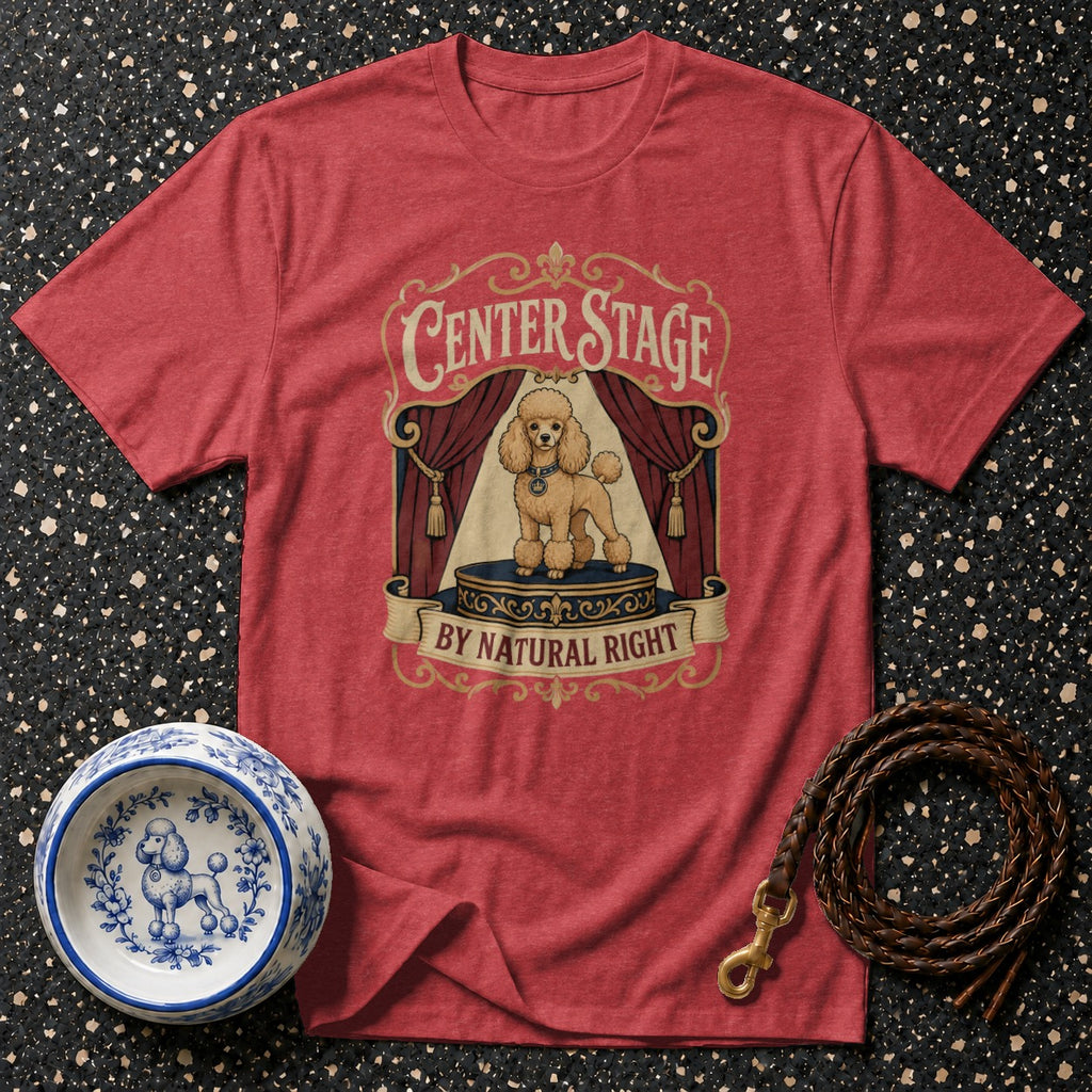Red t-shirt with "Center Stage by Natural Right" and a poodle graphic.