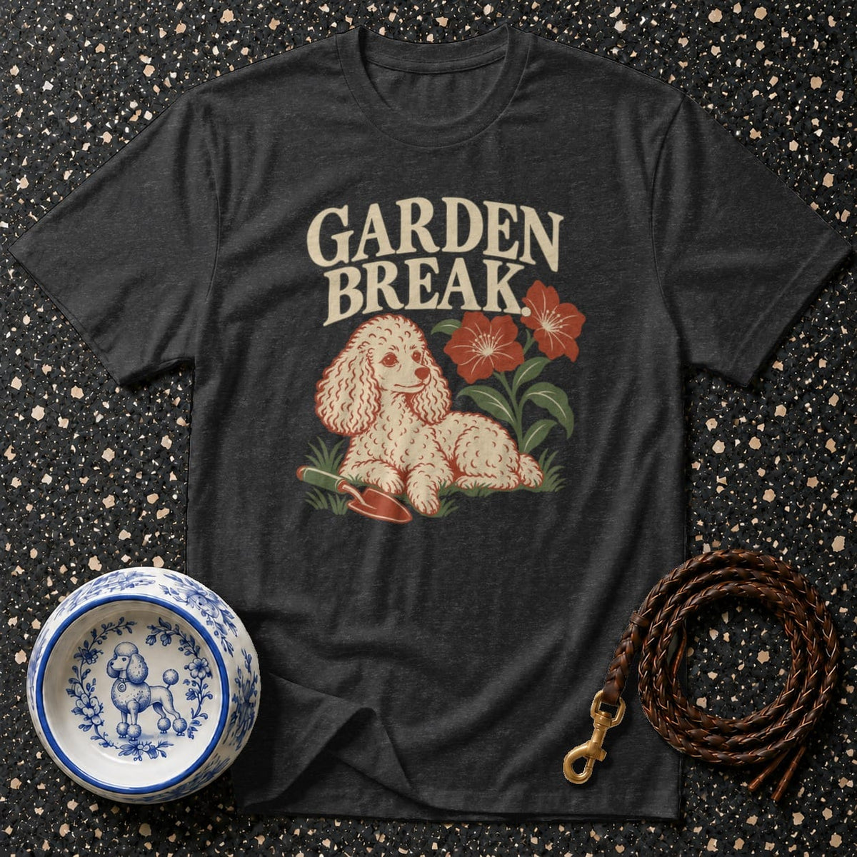 Dark gray t-shirt with "GARDEN BREAK" text and a poodle with flowers.