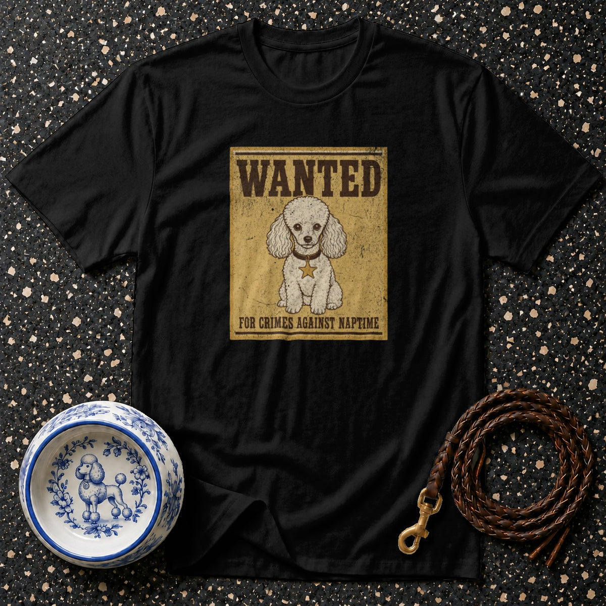 Black t-shirt with "Wanted" poster graphic of a poodle for crimes against naptime.