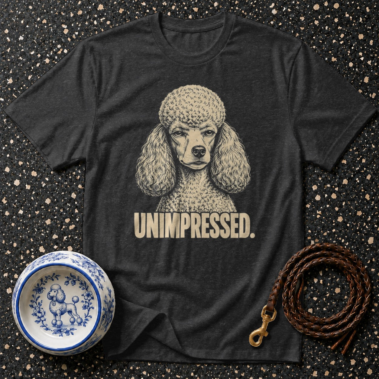 T-shirt with poodle art and the word "UNIMPRESSED."