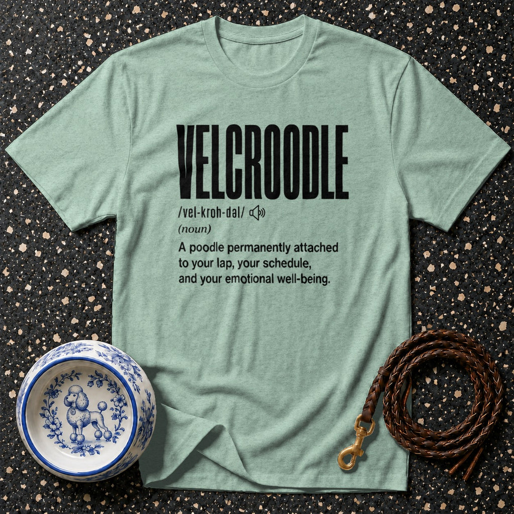 Light blue t-shirt with the definition of "Velcroodle" printed on it.