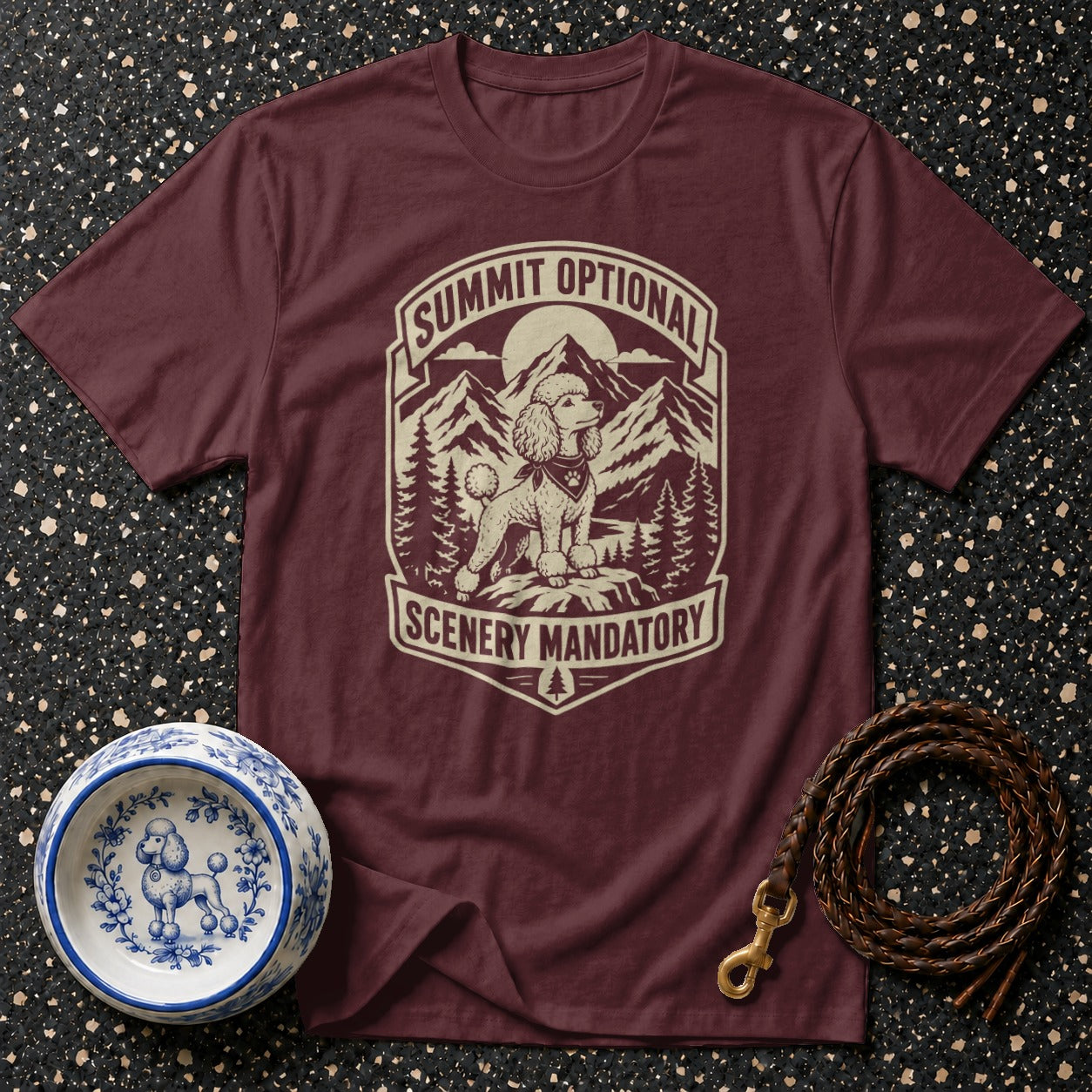 Maroon t-shirt with a poodle in mountains graphic and text "SUMMIT OPTIONAL SCENERY MANDATORY".