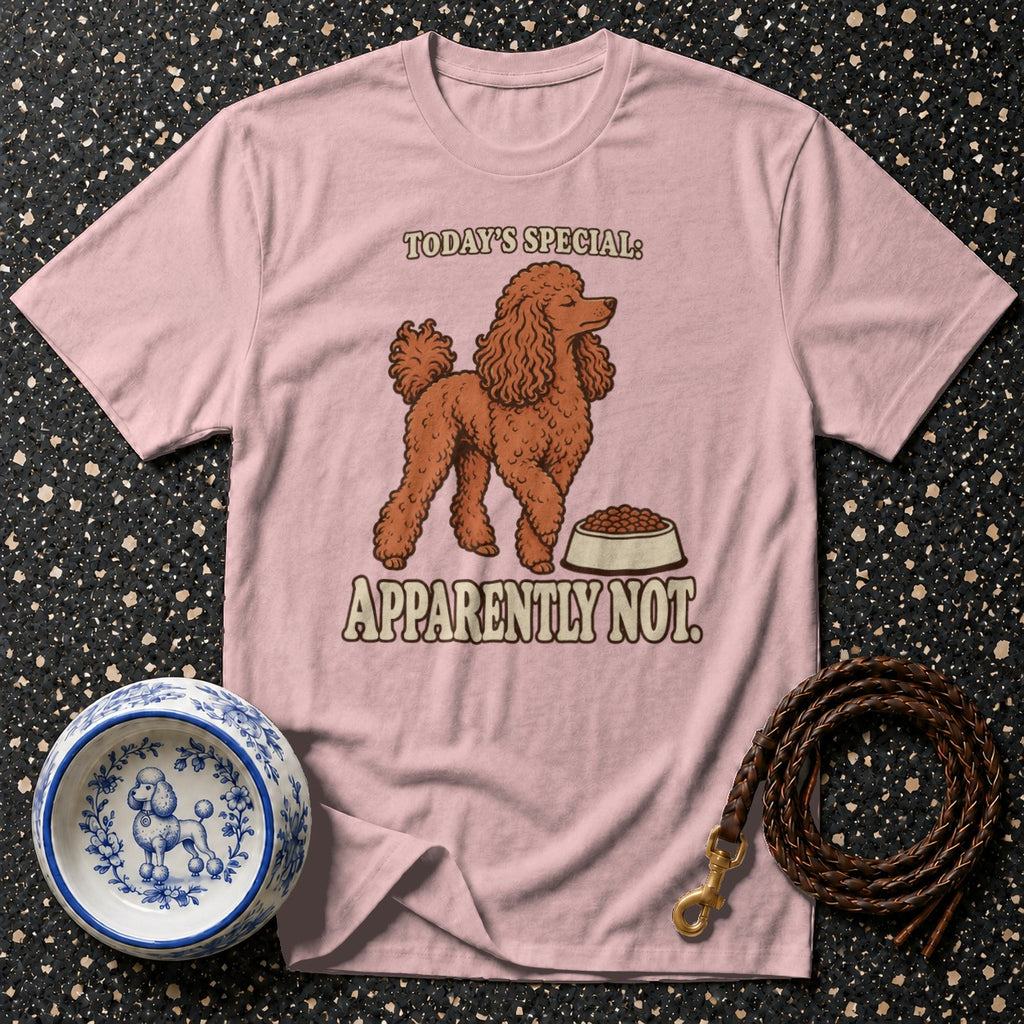 Pink t-shirt with a poodle illustration and text "TODAY'S SPECIAL: APPARENTLY NOT.".
