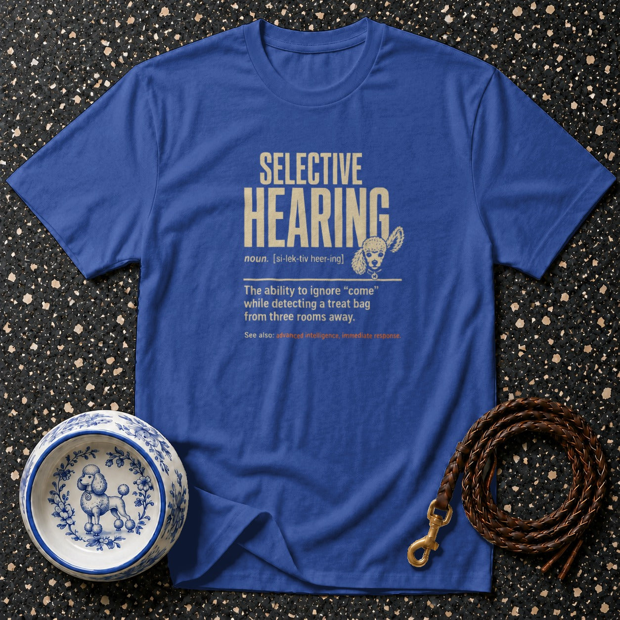 Blue t-shirt with "SELECTIVE HEARING" and a dog illustration.