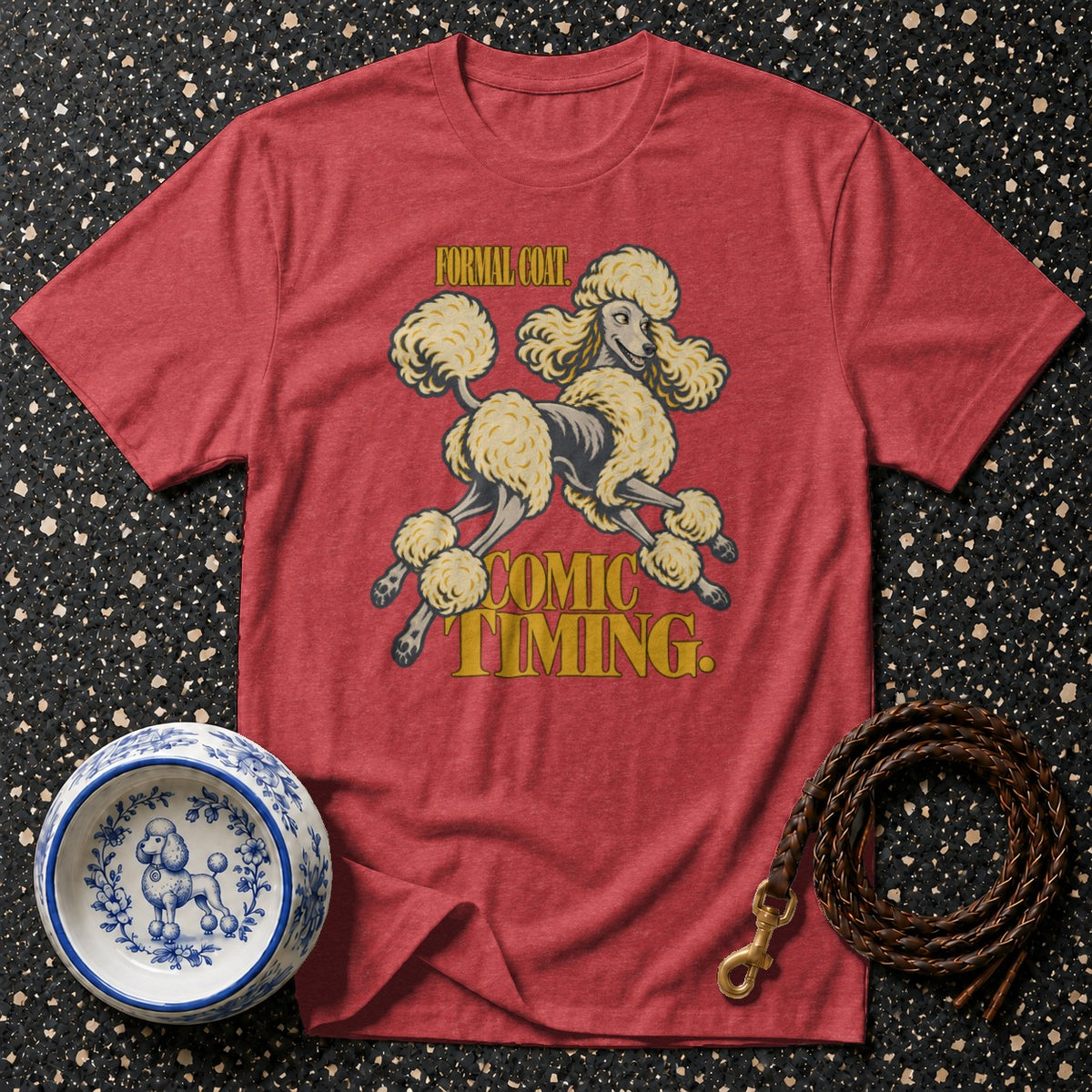 Red t-shirt with "FORMAL COAT COMIC TIMING" text and poodle graphic.