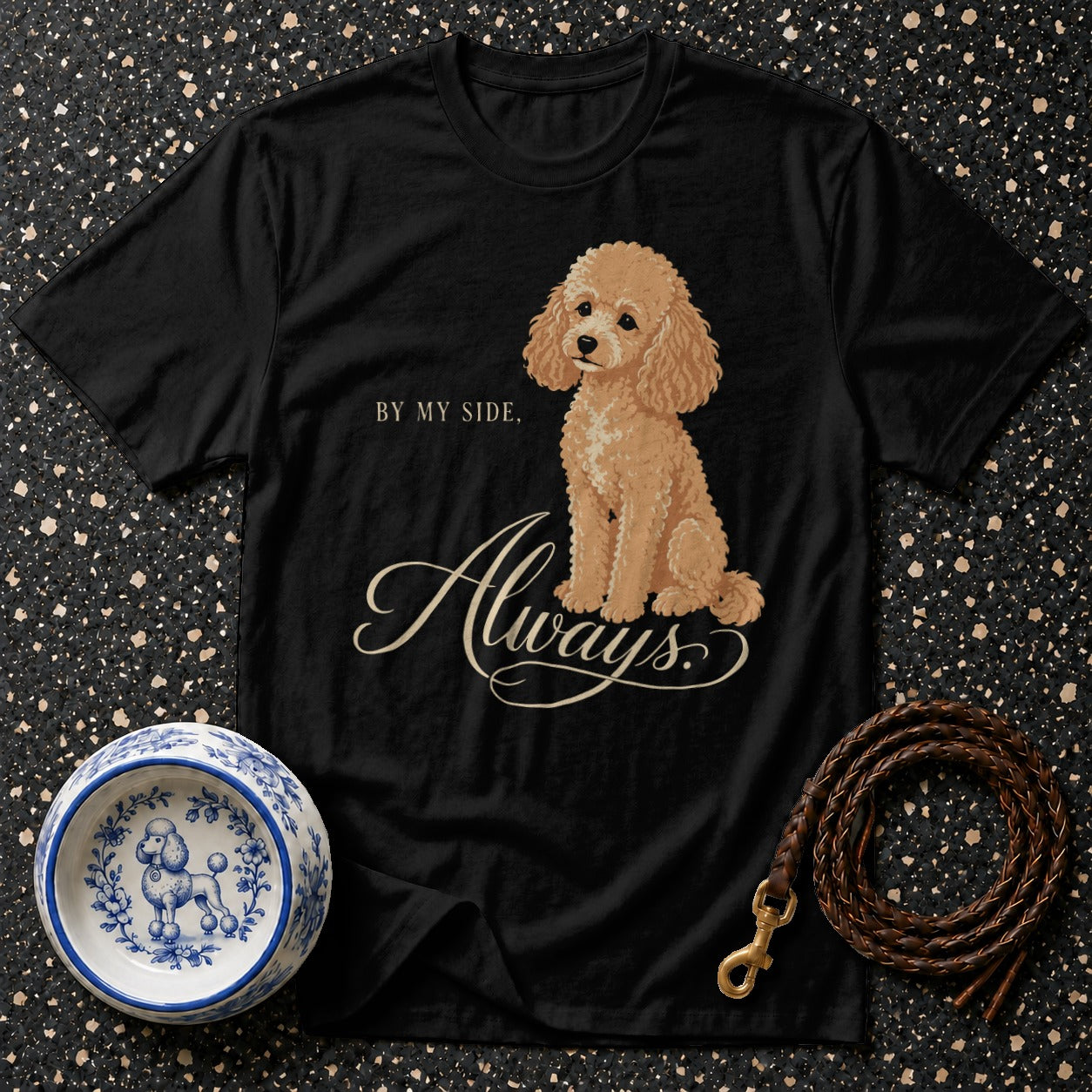 Black t-shirt with a poodle illustration and "BY MY SIDE, Always" text.