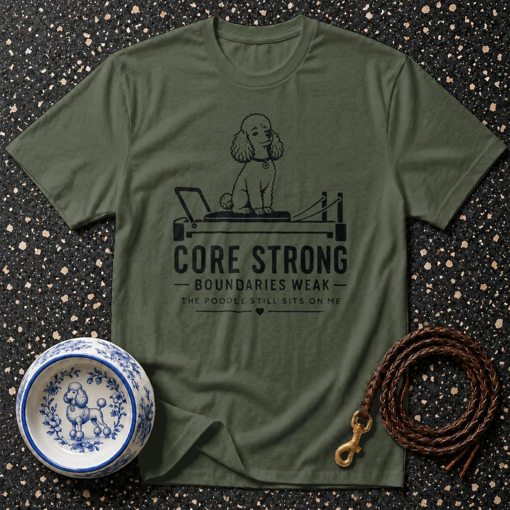 Olive green t-shirt with black print of a poodle on a reformer and text.