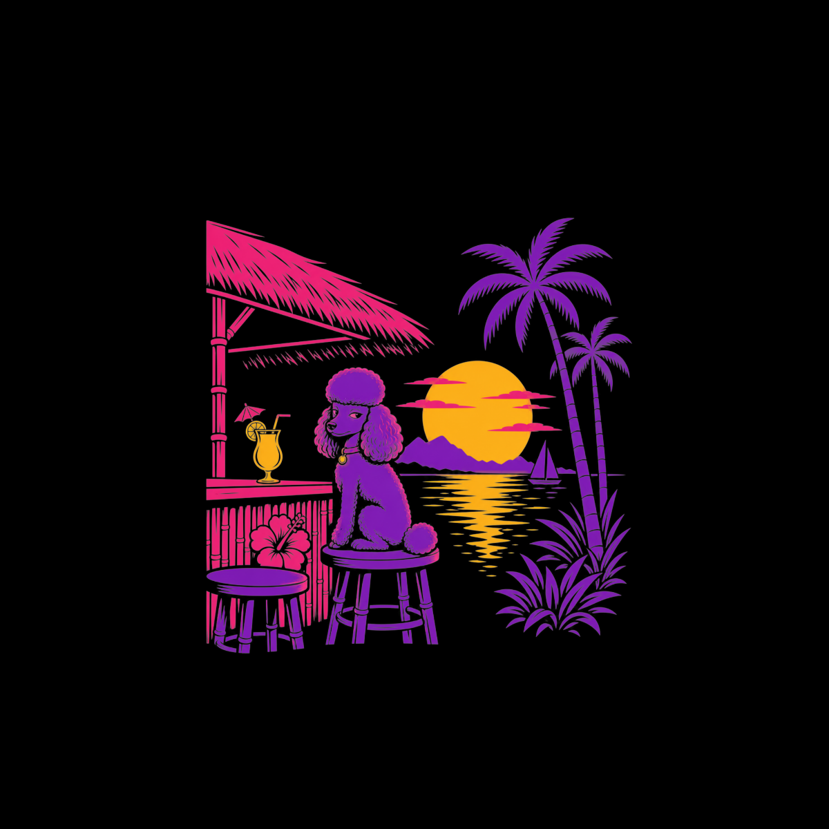 Purple poodle sits at a tiki bar with a tropical sunset and ocean view.