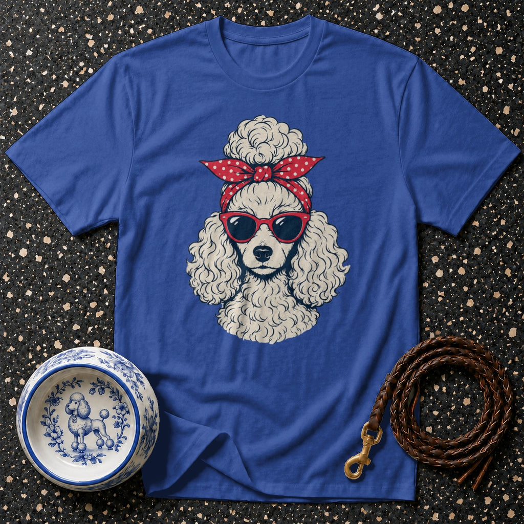 Blue t-shirt with poodle wearing red bandana and sunglasses graphic.