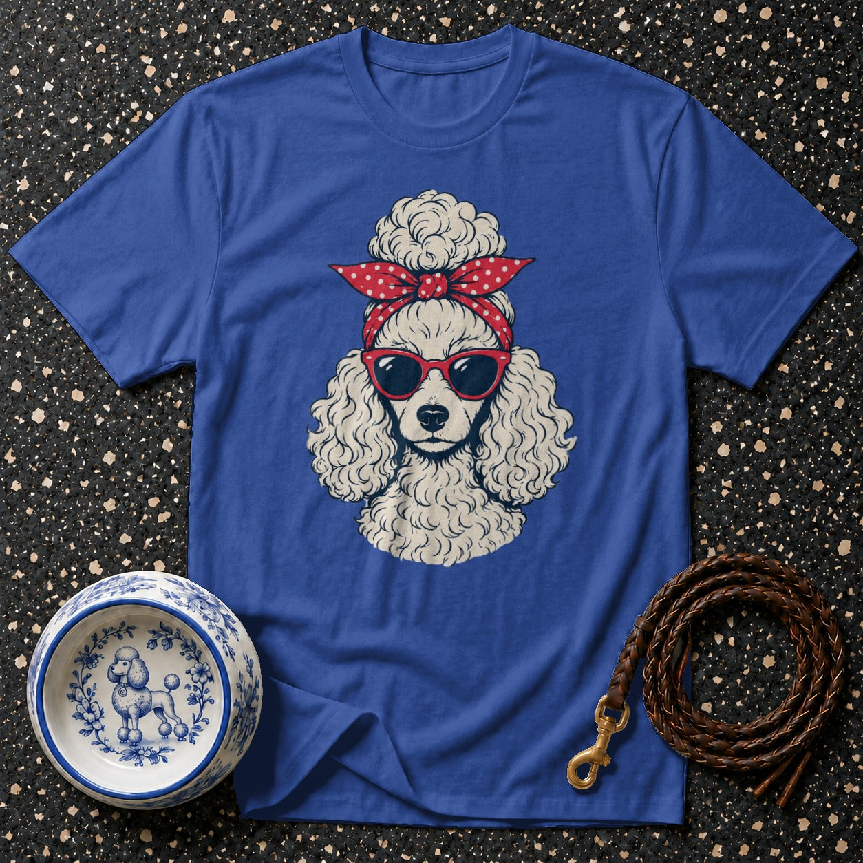Blue t-shirt with poodle wearing red bandana and sunglasses graphic.