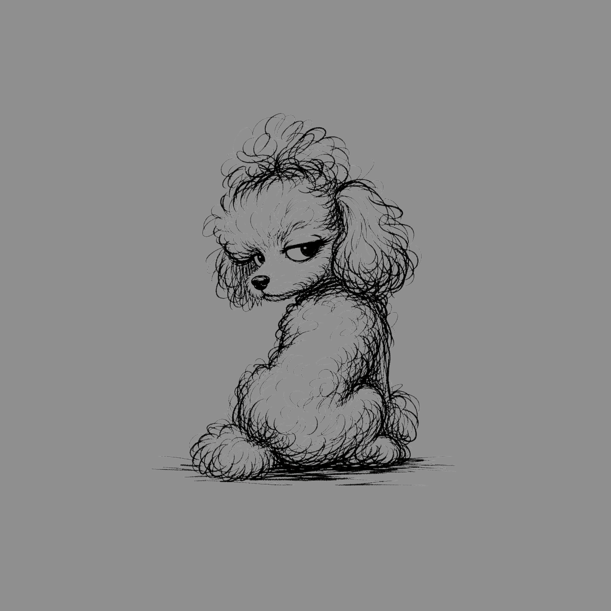 Sketch of a disgruntled poodle with a messy topknot looking over its shoulder.