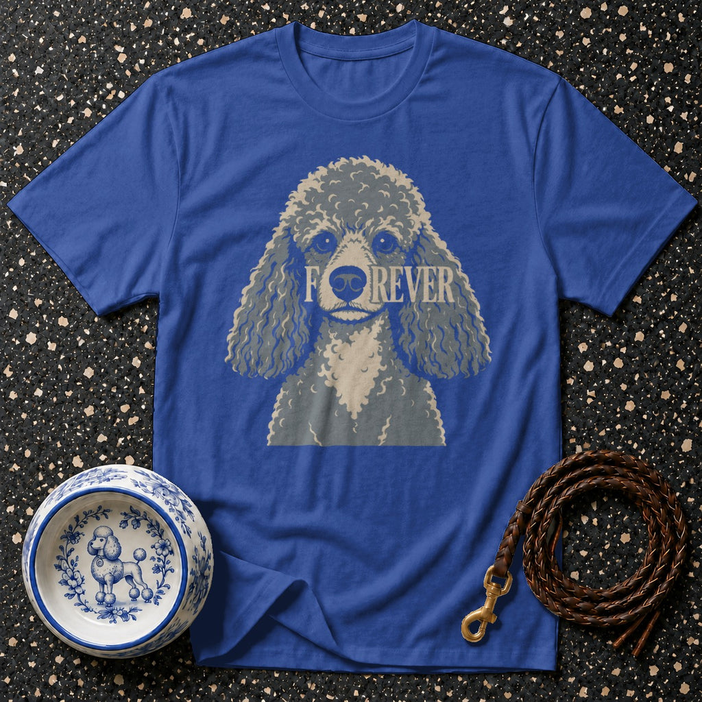 Royal blue t-shirt with a grey poodle graphic and "FOREVER" text.