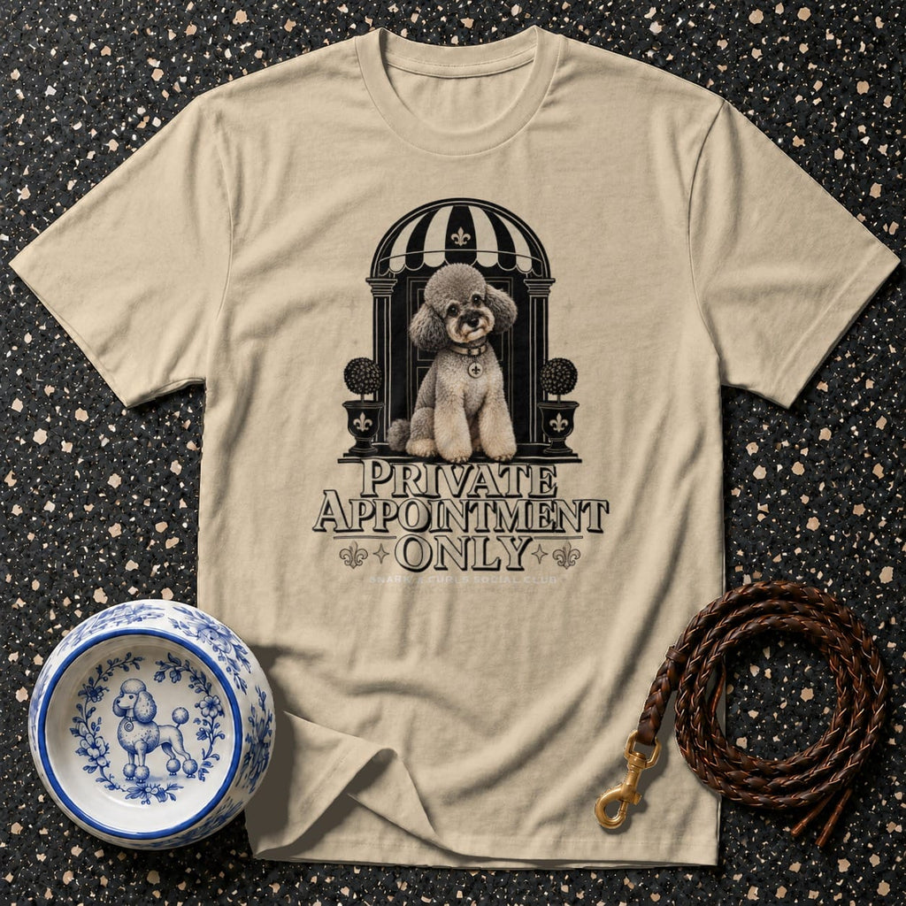 T-shirt with a poodle graphic and "PRIVATE APPOINTMENT ONLY" text.