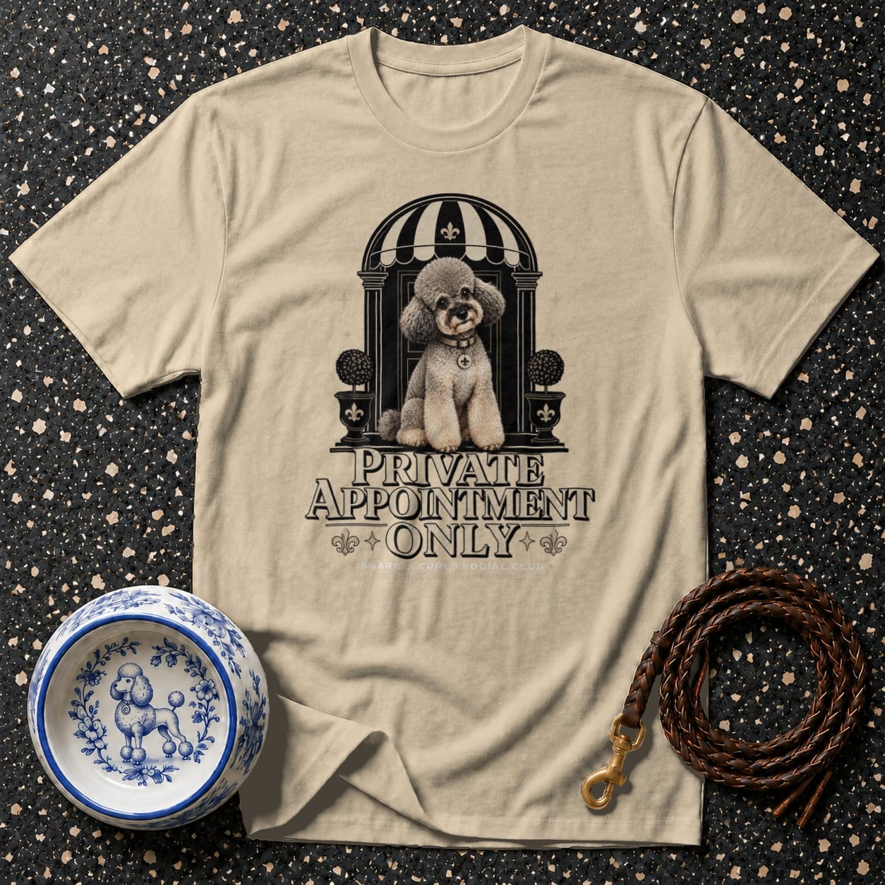 T-shirt with a poodle graphic and "PRIVATE APPOINTMENT ONLY" text.