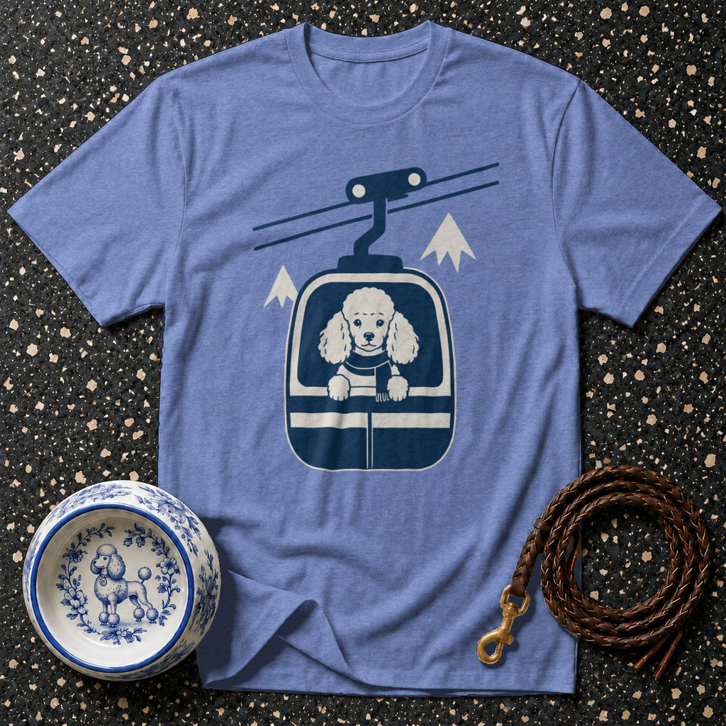 Blue t-shirt with cartoon poodle in ski lift and matching dog bowl.