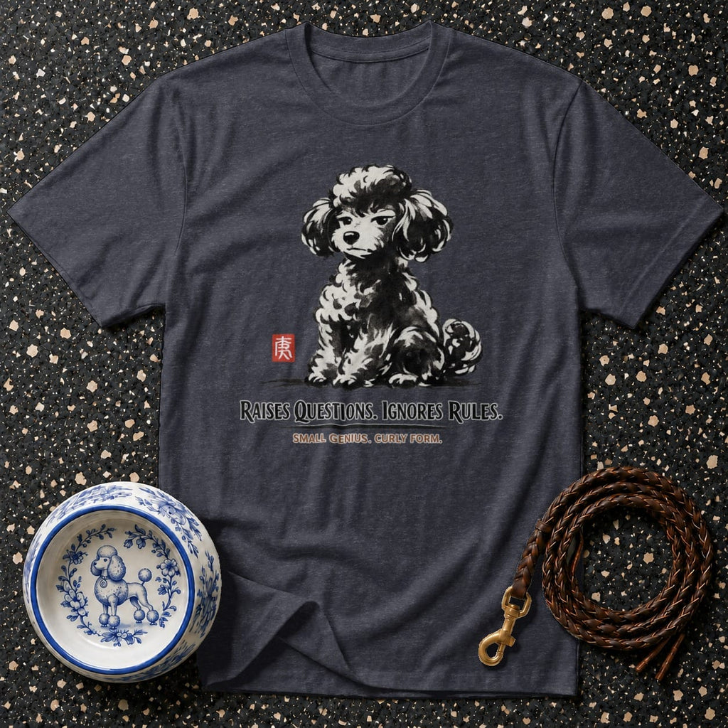 Dark grey t-shirt with black and white poodle graphic and text "RAISES QUESTIONS. IGNORES RULES."