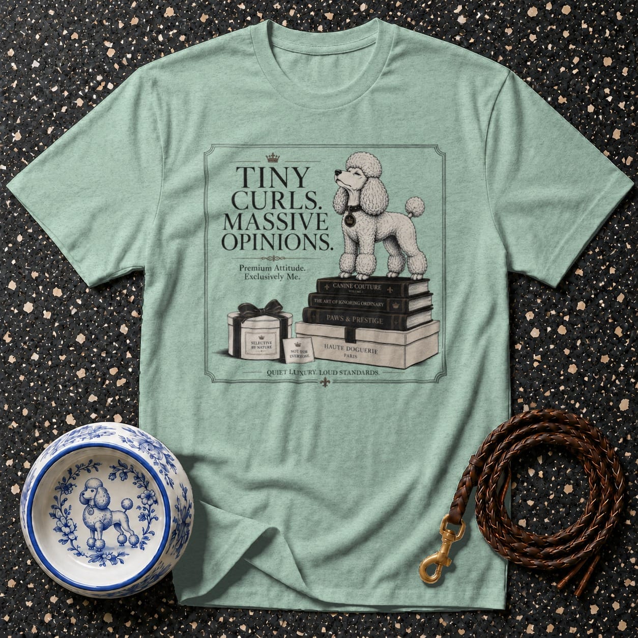 T-shirt with a poodle on books and text "Tiny Curls. Massive Opinions."