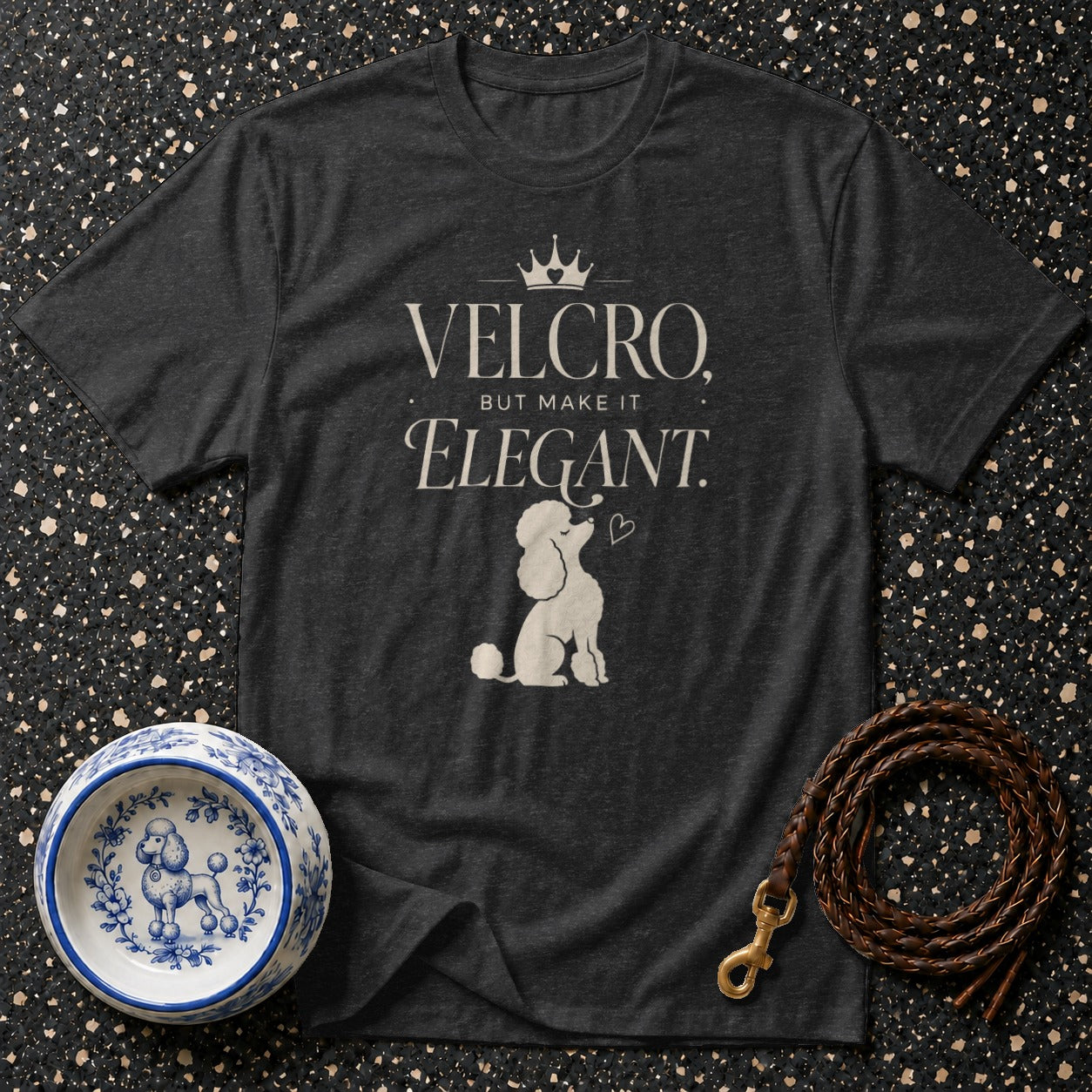 Dark grey t-shirt with "Velcro, But Make It Elegant" and poodle graphic.