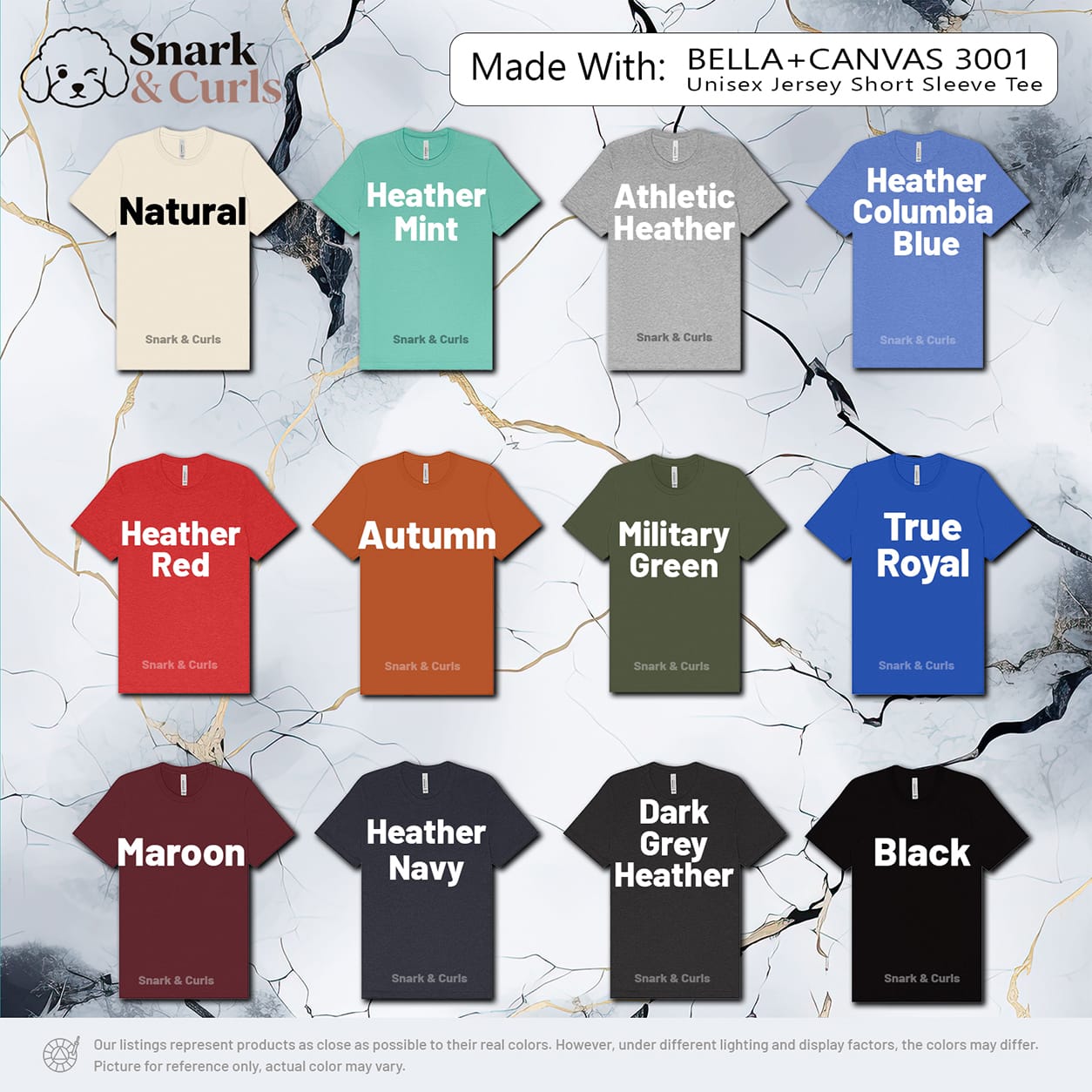 T-shirt color samples: natural, heather mint, athletic heather, heather Columbia blue, heather red, autumn, military green, true royal, maroon, heather navy, dark grey heather, black.