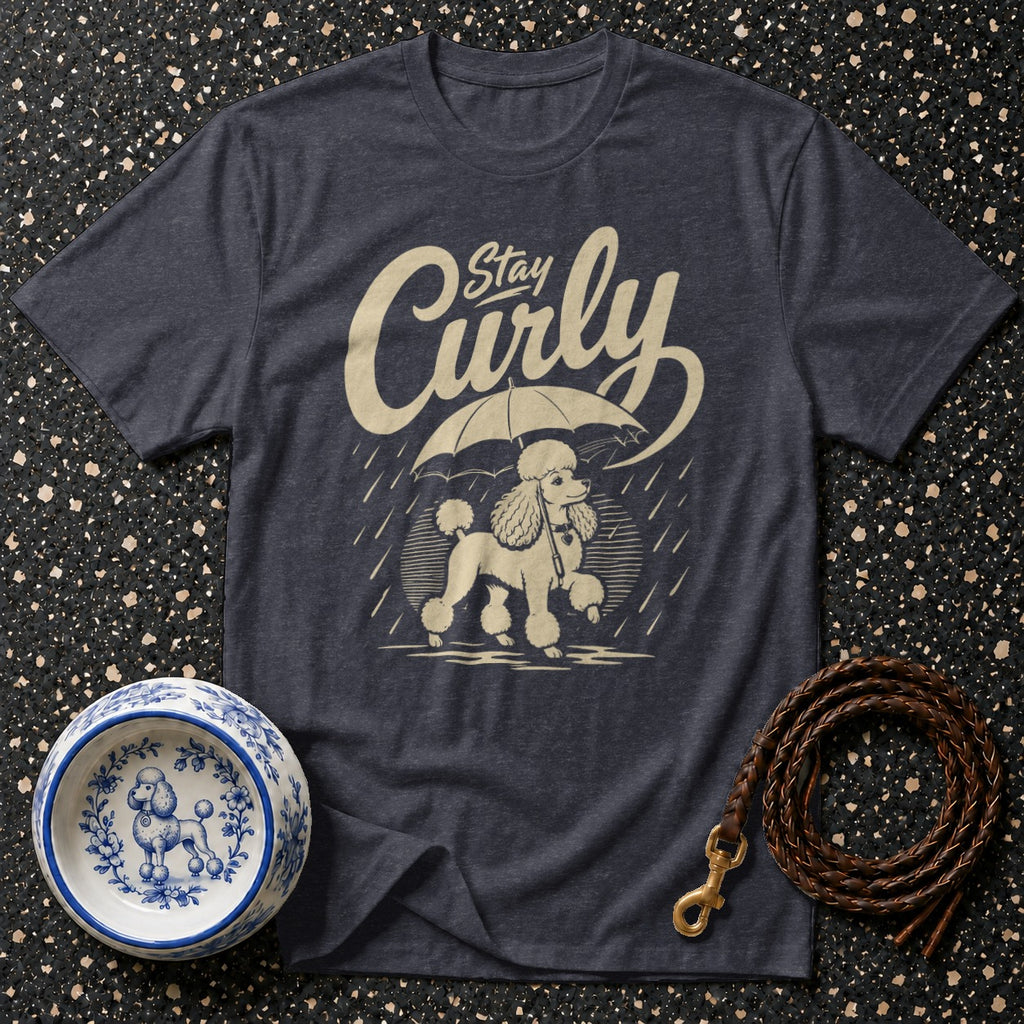 Dark grey t-shirt with a cream graphic of a poodle under an umbrella.