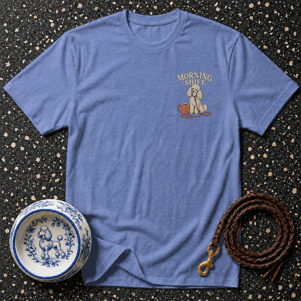 Blue t-shirt with poodle graphic and "Morning Shift" text.